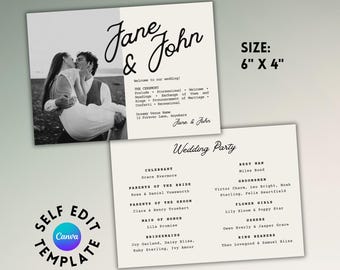 Pode incluir: Modelo de convite de casamento de 15,24 cm x 10,16 cm com foto a preto e branco de um casal. O convite inclui os nomes "Jane & John" em escrita cursiva, detalhes do casamento e a lista de convidados.