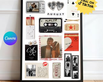 Könnte beinhalten: Eine gerahmte Collage mit Fotos, einer Kassette mit der Aufschrift "PLAYLIST" und Streichholzschachteln. Das Wort "AUGUST" ist mit Buchstaben geschrieben. Die Collage enthält den Text "VIRAL ON TikTok".