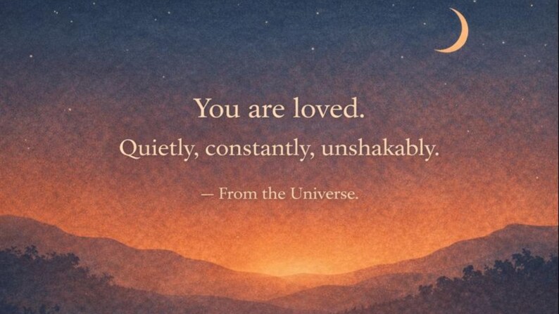 K&ouml;nnte beinhalten: Ein ruhiges Landschaftsgem&auml;lde zeigt einen Nachthimmel mit einem Halbmond und Sternen. Der Text "You are loved. Quietly, constantly, unshakably. - From the Universe." wird in eleganter Typografie angezeigt.