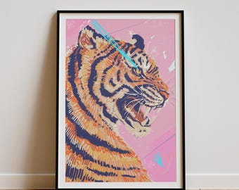 Funky Tiger Printable Wall Art: Pink Color, Digital Illustration (Instant Download)