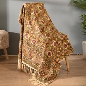 Rust Olive Kalamkari Floral Handmade Print Cotton Throw Blanket, Kantha, Boho Bedroom Decor Gift
