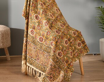 Rust Olive Kalamkari Floral Handmade Print Cotton Throw Blanket, Kantha, Boho Bedroom Decor Gift
