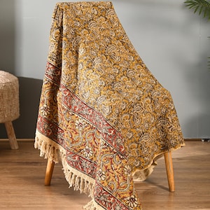 Saffron Gold Handmade Dense Paisley Block Print Throw, Vintage Persian Sofa Tassels, Boho Decor