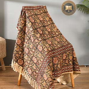 Olive Floral Block Print Cotton Throw Blanket, Vintage Indian Kantha Quilt, Bohemian Home Decor