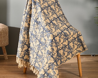 Navy Blue Beige, Handmade Jacobean Botanical, Block Print Throw Blanket, Sofa Tassels, Vintage  Decor