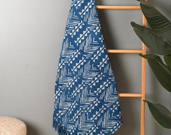 Handmade Block Printed Cotton Throw Blanket, Boho Floral Bed Runner