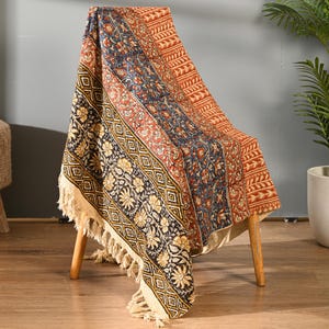 Hand Block Printed Cotton Throw, Multicolor Patchwork Stripe, Jaipuri Floral Blanket, Bohemian Sofa Decor