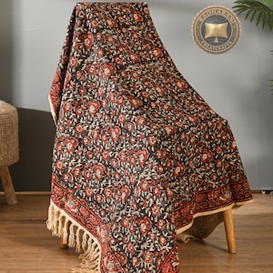 Manta de algodón con estampado floral en color óxido negro, Kantha hecha a mano, decoración bohemia de estilo melancólico