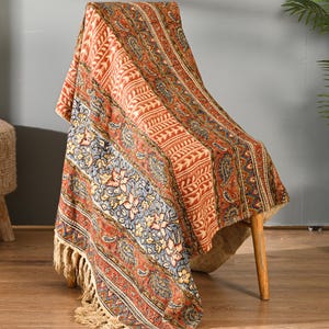 Jaipuri Rust Red, Handmade Patchwork Panel, Block Print Cotton Throw, Slate Blue Folk Sofa,