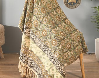 Sage Green Botanical Sunflower Block Print Cotton Throw Blanket, Boho Cottage Core Sofa Gift