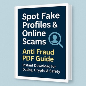 May include: A white book with the title "Spot Fake Profiles & Online Scams" in white text on a dark blue background. The book also says "Anti Fraud PDF Guide" and "Instant Download for Dating, Crypto & Safety."