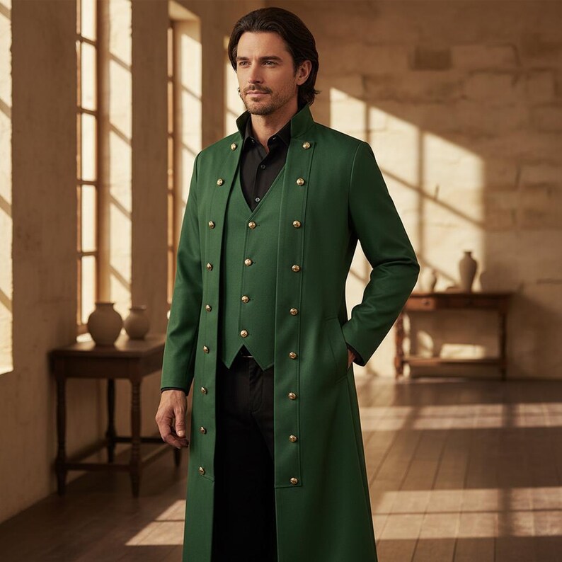 May include: A green coat and vest set with gold-colored buttons. The coat is long and has a high collar. The vest is a matching green color and is worn over a black shirt. The outfit is completed with black pants.