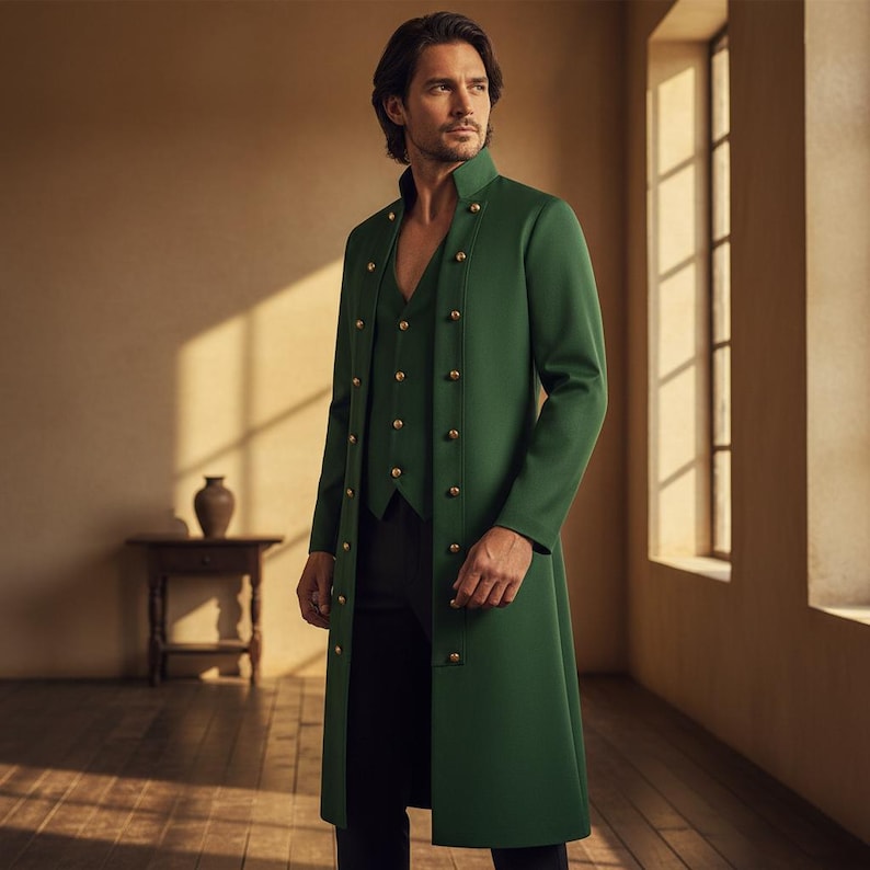 May include: A green coat with gold buttons, worn over a matching vest and black pants. The coat has a high collar and a double-breasted design. The outfit is formal and elegant, suitable for special occasions.