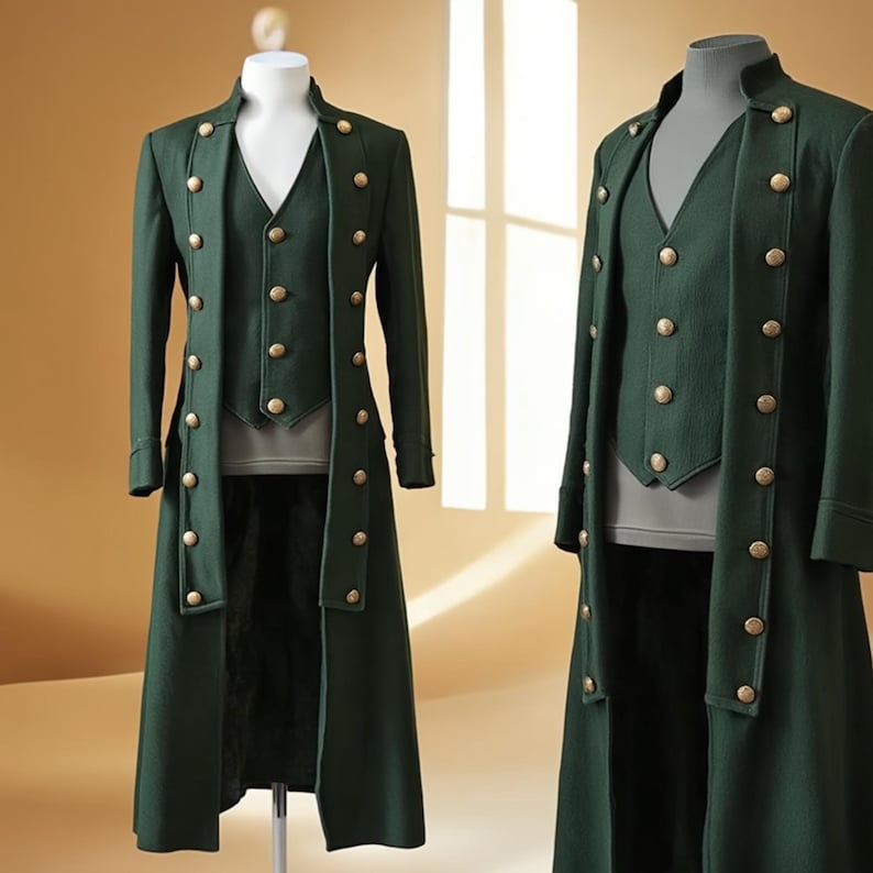 May include: A dark green, long coat and vest set with gold-colored buttons. The coat features a double-breasted design and a high collar. The vest has a V-neck and matching buttons. The set is displayed on a mannequin.