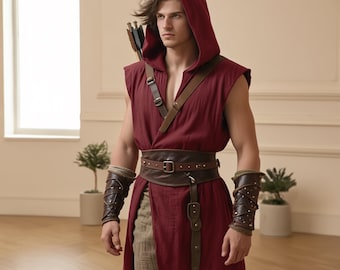 Medeltida överrock med huva för män, lång kappa för vikingadräkt, renässans-LARP-dräkt, fantasy-rollspel eller cosplay-kläder