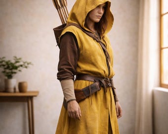 Medeltida herrlinneöverrock | Huvad tunika och Ren Faire-kappa | LARP Ranger cosplay-kostym | Vikingakrigare-tabard | Fantasimantel med huva