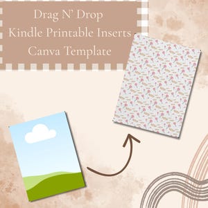 Puede incluir: Imagen de una plantilla de Canva para insertos imprimibles de Kindle. La imagen muestra dos insertos, uno con un diseño de nube y paisaje, y otro con un patrón de tijeras, globos y otros objetos. Se muestra el texto "Drag N' Drop Kindle Printable Inserts Canva Template".