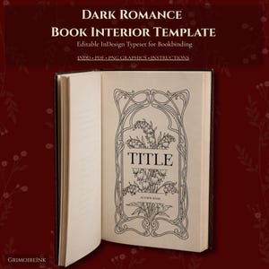Op de afbeelding: Open boek interieur sjabloon met de titel "DARK ROMANCE" en de tekst "BOOK INTERIOR TEMPLATE". Het pagina-ontwerp heeft een sierlijke bloemenrand rond de titel en de naam van de auteur. Het boek is open op een donkerrode achtergrond.