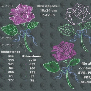 May include: A digital design featuring three pink and green roses with rhinestone embellishments. The design is approximately 7.4 inches by 9.5 inches and includes a list of rhinestone sizes and quantities. The file includes SVG, PNG, PDF, and Studio3 formats.