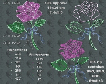 May include: A digital design featuring three pink and green roses with rhinestone embellishments. The design is approximately 7.4 inches by 9.5 inches and includes a list of rhinestone sizes and quantities. The file includes SVG, PNG, PDF, and Studio3 formats.