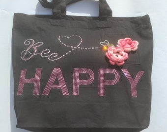 Maxi Tote Bag. Design: Bee Happy. Rhinestone and crochet decorations. Heavyweight canvas, Long handles Bag.