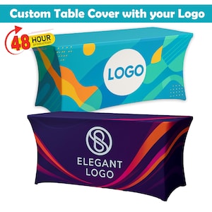 May include: Two custom table covers are displayed. The top cover is teal with a white logo circle and abstract orange and yellow shapes. The bottom cover is dark purple with a white logo and the text "ELEGANT LOGO". The text "Custom Table Cover with your Logo" is at the top.