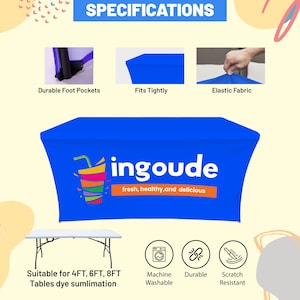 May include: A bright blue rectangular stretch table cover featuring the white text ingoude and the orange text fresh, healthy, and delicious, with a multi-colored graphic of a drink, durable foot pockets, and elastic fabric for 4ft, 6ft, and 8ft tables.