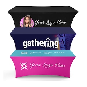 May include: Three stretchable table covers in black, dark blue, and bright pink. The black cover features a cartoon portrait and the text Your Logo Here. The blue cover displays the text gathering SERVICE. The pink cover shows a logo and Your Logo Here.