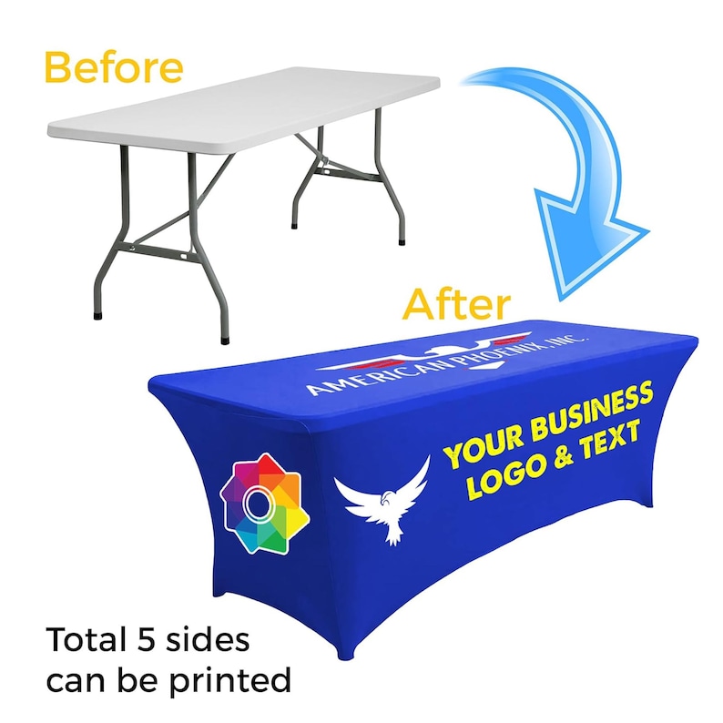 May include: A white rectangular folding table shown before and after being covered by a blue stretch tablecloth. The tablecloth features a white eagle logo, a colorful geometric icon, and the text AMERICAN PHOENIX INC and YOUR BUSINESS LOGO & TEXT.