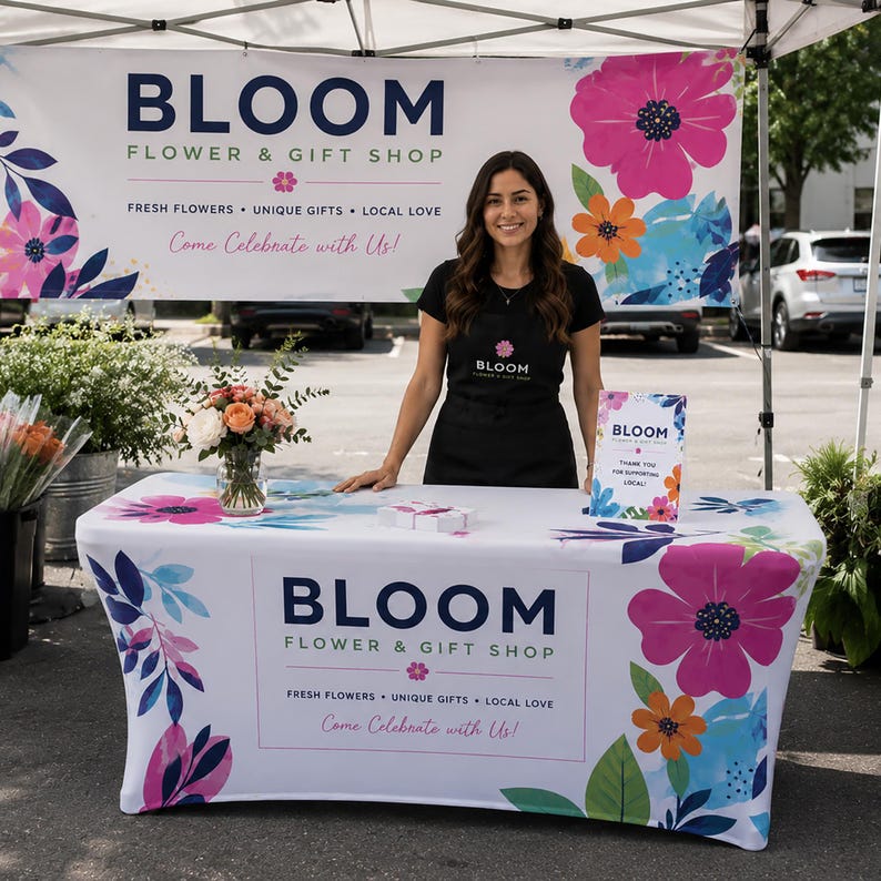 May include: A white table cover with a floral pattern in pink, orange, and blue, featuring the text BLOOM FLOWER & GIFT SHOP, FRESH FLOWERS, UNIQUE GIFTS, LOCAL LOVE, and Come Celebrate with us. A matching banner hangs above the table.