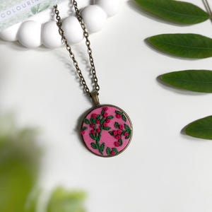 Pink Embroidered Pendant | Aesthetic Floral Pendant | Unique Pendant | Handmade Necklace | Cottagecore Necklace | Art Pendant
