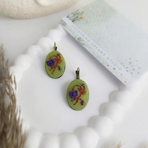 Green Flower Hand Embroidered Earrings | Cottagecore Cute Embroidery Jewelry | Aesthetic Floral Handmade Earrings | Modern Vintage Jewelry