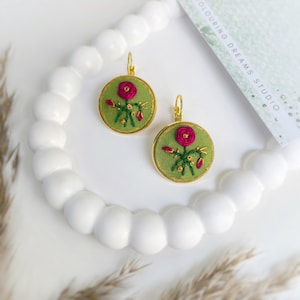 Green Flower Hand Embroidered Earrings | Aesthetic Floral Handmade Earrings | Cottagecore Cute Mini Embroidery Jewelry, Modern Jewelry