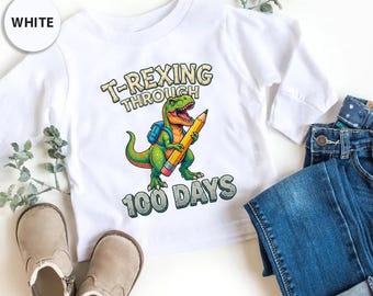 T-Rexing Through 100 Days Shirt, Dinosaur 100th Day of School Girl Tee, Cute T-Rex Milestone Sweatshirt, Kindergarten 100 Days