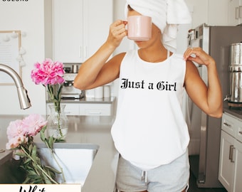 Comfort Colors Just a Girl Tank Top, Old English Font Sleeveless Shirt, Vintage 90s Rock Tank, Coquette Aesthetic Top, Grunge Summer Tee