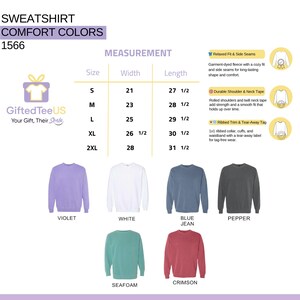 May include: A product display featuring various colored sweatshirts. The image includes a size chart with measurements in inches, and details about the garment's features, such as relaxed fit, durable shoulder tape, and a tear-away tag.