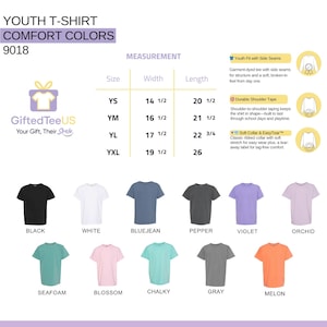 May include: A product image showcasing a variety of youth t-shirts in various colors, including black, white, blue, and pink. The shirts are labeled with sizes and measurements in inches. The text "Gifted TeeUS" is also visible.