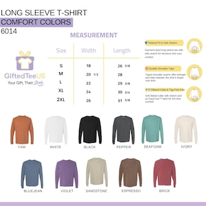 May include: A product image showcasing a variety of long-sleeve t-shirts in various colors, including white, black, and blue. The shirts are displayed with size and measurement details, including widths from 18 inches to 26 inches and lengths from 26 5/8 inches to 31 5/8 inches. The text "LONG SLEEVE T-SHIRT" is visible.