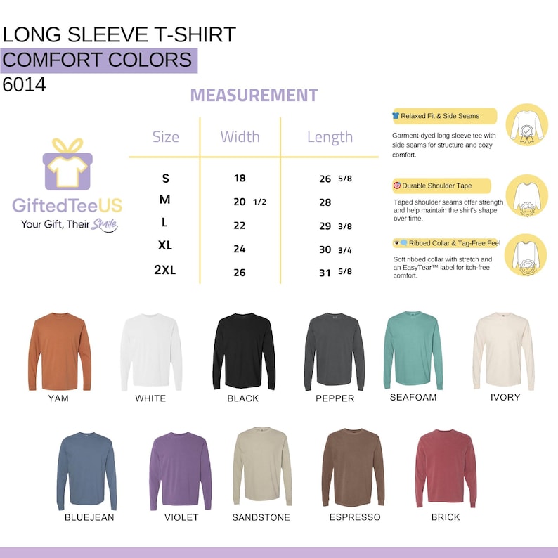 May include: A product image showcasing a variety of long-sleeve t-shirts in various colors, including white, black, and blue. The shirts are displayed with size and measurement details, including widths from 18 inches to 26 inches and lengths from 26 5/8 inches to 31 5/8 inches. The text "LONG SLEEVE T-SHIRT" is visible.