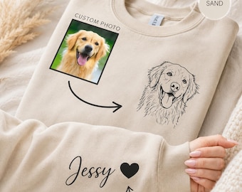 Custom Dog Photo Sweatshirt, Personalized Pet Portrait Hoodie, Custom Cat Drawing Sweater, Dog Mom Xmas Gift, Pet Memorial Gift