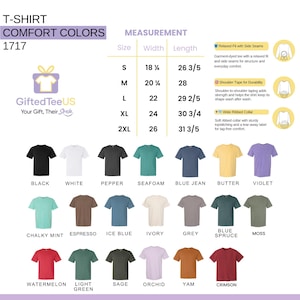 May include: A product image showcasing a variety of t-shirts in various colors, including black, white, and blue jean. The image includes a size chart with measurements in inches and a description of the shirt's features, such as a relaxed fit and wide ribbed collar.