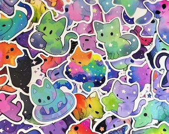 50 pegatinas de gatos galácticos, pegatinas de gatitos espaciales, pegatinas estéticas de gatos adorables, pegatinas impermeables para amantes de los gatos, aficionados al espacio y coleccionistas.