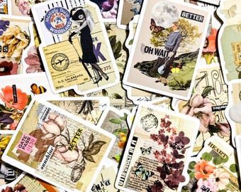 50pcs Vintage Botanical Stickers, Cottagecore Stickers, Floral Collage Stickers, Mushroom Art Sticker, Waterproof Sticker for Journal Lovers