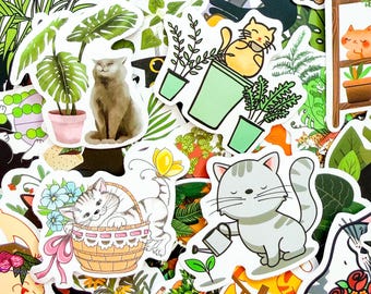 50pcs Cat and Plant Stickers, Cute Cat Stickers, Botanical Stickers, Cozy Home Stickers, Green Stickers, Waterproof Stickers for Cat Lovers