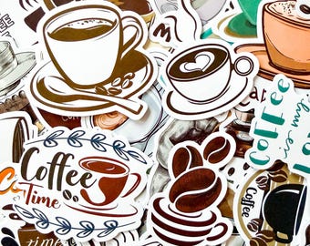 May include: A collection of coffee-themed stickers in various designs. The stickers feature coffee cups, coffee beans, and text like "Coffee Time" and "Let's have a coffee". The color palette includes brown, white, and green.