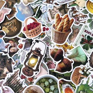 May include: A collection of assorted stickers featuring various designs. The stickers include images of a basket of raspberries, a basket of baguettes, a vintage lantern, acorns, and floral and landscape illustrations. The stickers are colorful and have a vintage aesthetic.