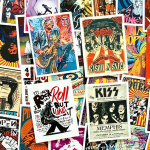 Peut inclure: Une collection d'affiches de rock and roll vintage avec des groupes embl&eacute;matiques comme Guns N' Roses et KISS. Les affiches pr&eacute;sentent des couleurs vives et des graphismes audacieux, avec du texte incluant les noms des groupes, les d&eacute;tails des concerts et les paroles des chansons.