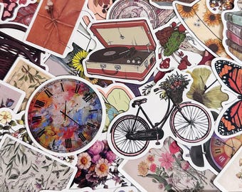 50pcs Vintage Aesthetic Stickers, Retro Object Stickers, Cottagecore Floral Stickers, Waterproof Stickers for Vintage Fans, Aesthetic Lovers
