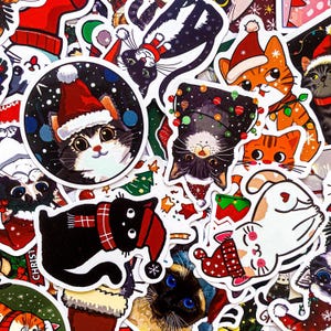 50 Random Christmas Cat Stickers, Santa Hat Kitten Stickers, Holiday Cute Kitty Stickers, Waterproof Stickers Pack for Gifts and Scrapbook