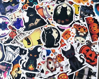 May include: A collection of Halloween-themed stickers featuring black cats, pumpkins, and spooky imagery. The stickers showcase various designs, including cats with witch hats, sitting on moons, and surrounded by pumpkins. The color palette includes orange, black, white, and purple.